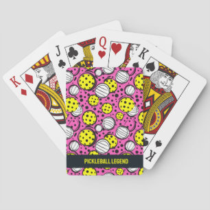 Custom text yellow pickleballs on pink poker cards