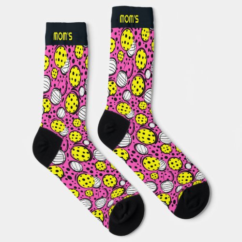 Custom text yellow pickleballs on pink socks