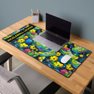 Custom text Yellow Psychedelic pickleballs Desk Mat