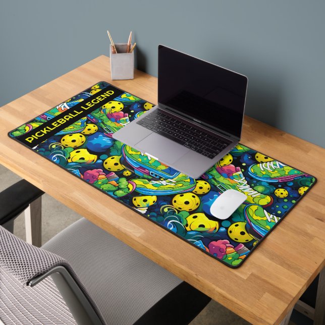 Custom text Yellow Psychedelic pickleballs Desk Mat (Office 2)