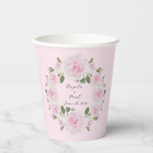 Custom Texts Pink Roses Wreath Paper Cups Wedding