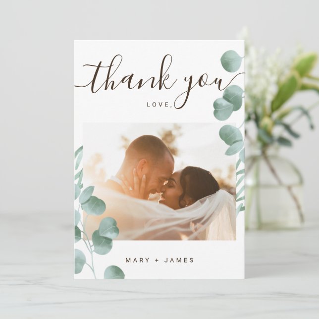 Custom Thank You 2 Photo Wedding Eucalyptus cards (Standing Front)