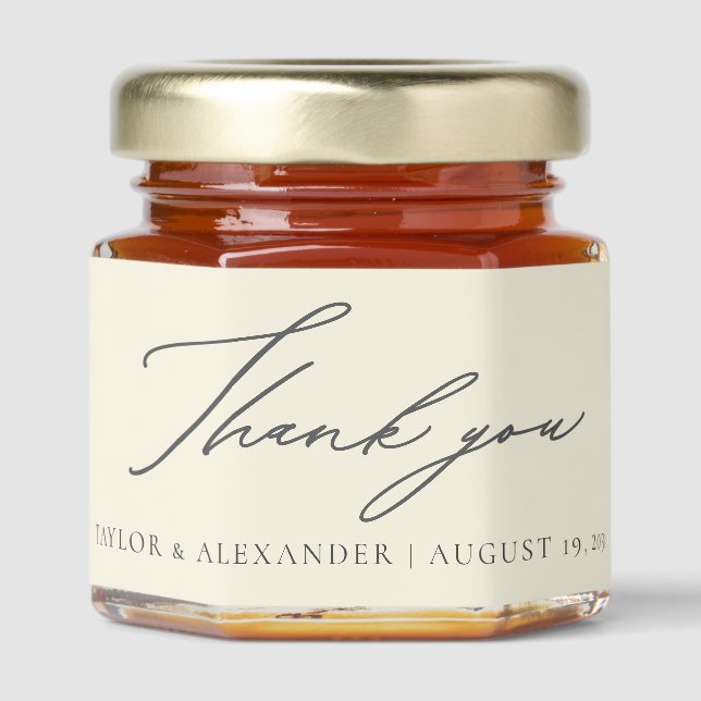 Custom Thank You Cream Beige Calligraphy Wedding Honey Jar Favors (Front)