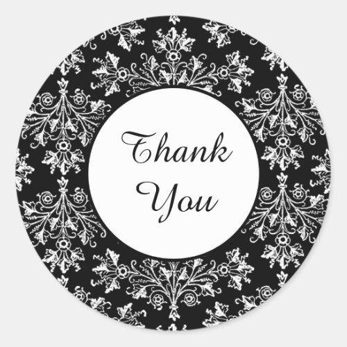 Custom Thank You Floral Damask Black White Sticker