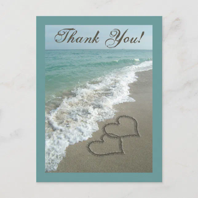 Custom Thank You Postcard- Sand Hearts/Aqua Beach Postcard | Zazzle