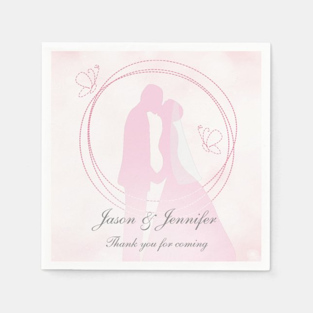 Custom Thank you Romantic Pink Wedding Couple Paper Napkins (Front)