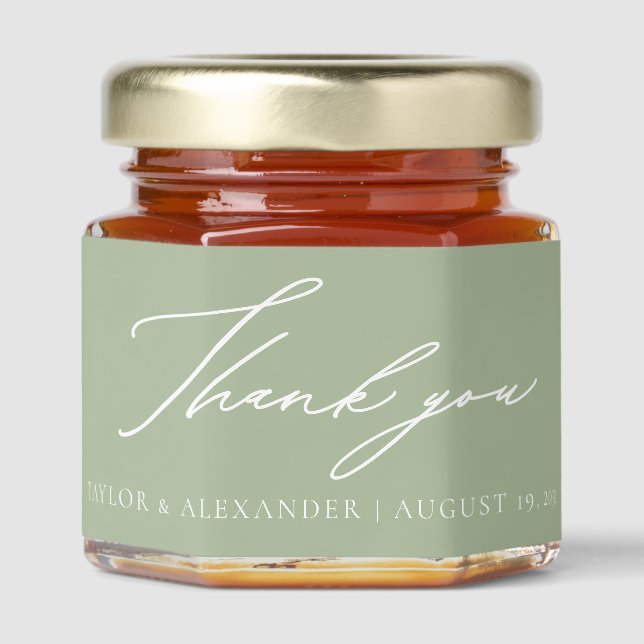 Custom Thank You Sage Green Calligraphy Wedding Honey Jar Favors (Front)