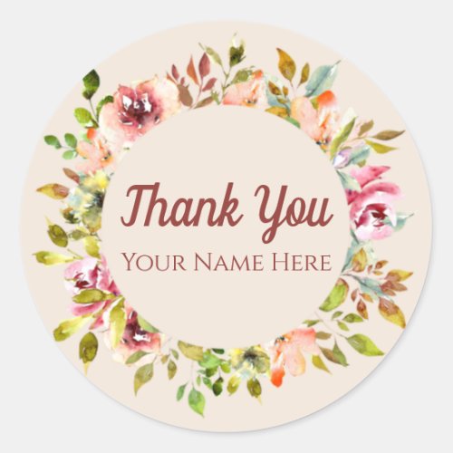 Custom Thank You Typography With Watercolor Flower Classic Round Sticker