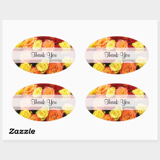 Custom "Thank You" Yellow/Red/Orange Roses Oval Sticker (Sheet)