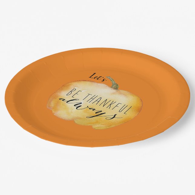 Custom THANKFUL ALWAYS Thanksgiving Table Orange Paper Plates (Angled)