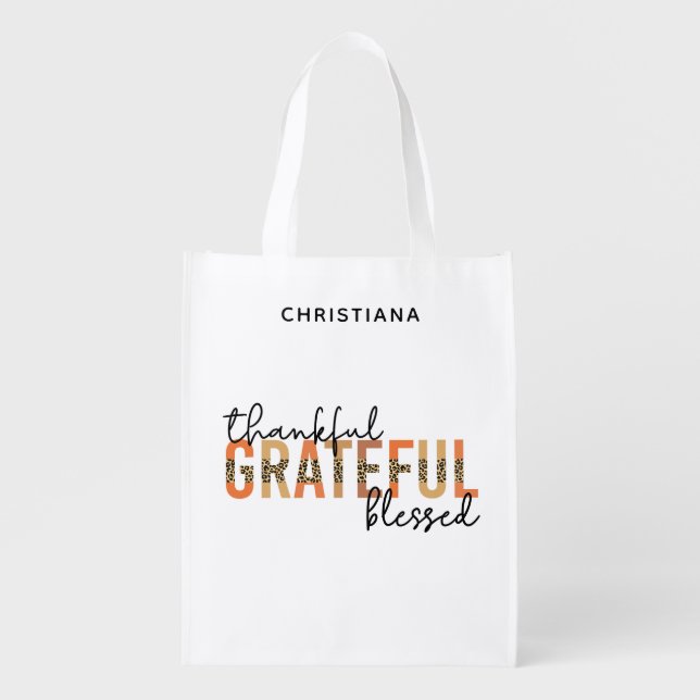 Custom Thankful Grateful Blessed Thanksgiving Grocery Bag (Front)