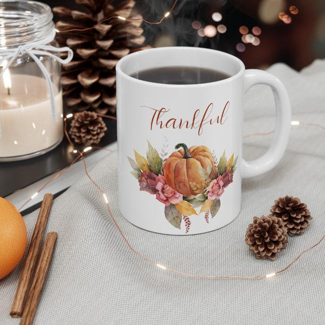 Custom Thankful Thanksgiving Autumn Orange Pumpkin Coffee Mug (Thanksgiving Thankful Fall Leaves and Pumpkin Custom 11oz White Coffee Mug)