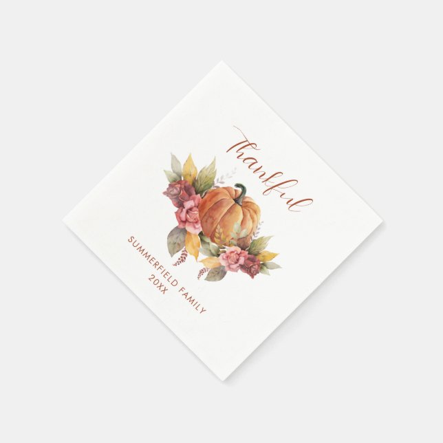 Custom Thankful Thanksgiving Autumn Orange Pumpkin Napkins (Corner)