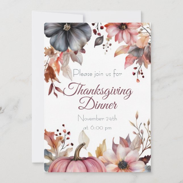 Custom Thanksgiving Dinner Pumpkin and Flowers Invitation (Front)