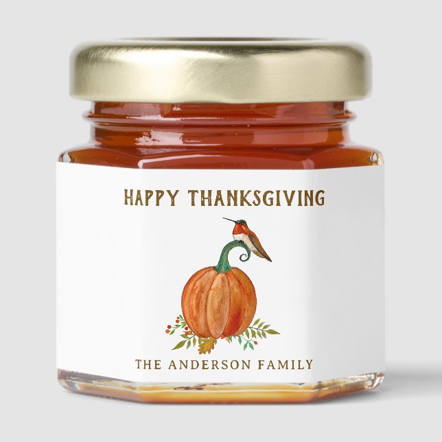 Custom Thanksgiving Hummingbird and Pumpkin Honey Jar Favors (Front)