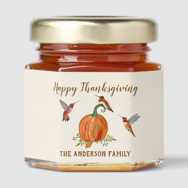 Custom Thanksgiving Hummingbird and Pumpkin Honey Jar Favors (Front)