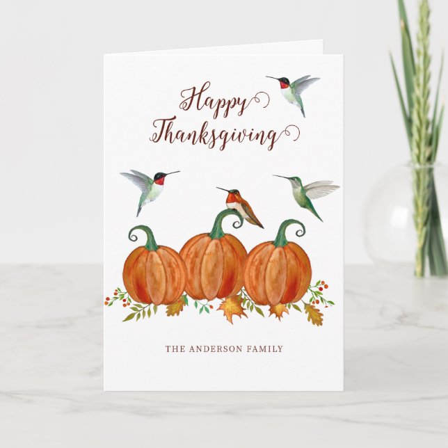 Custom Thanksgiving Hummingbirds and Pumpkins Holiday Card (Front)