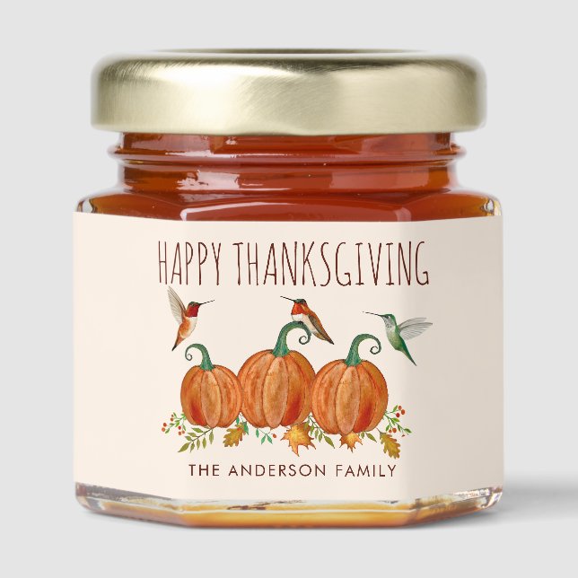 Custom Thanksgiving Hummingbirds and Pumpkins Honey Jar Favors (Front)