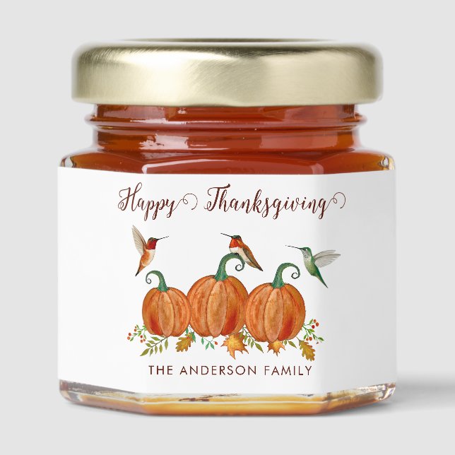 Custom Thanksgiving Hummingbirds and Pumpkins Honey Jar Favors (Front)