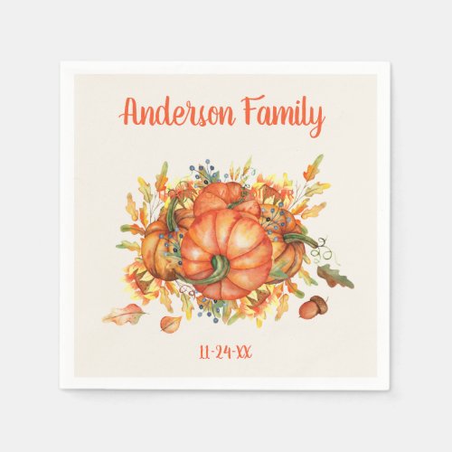 Custom Thanksgiving Orange Pumpkins Fall Leaves   Napkins