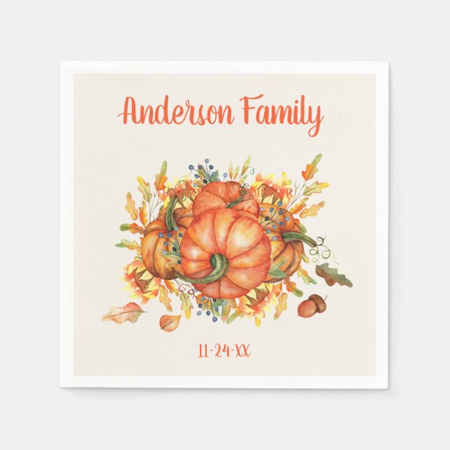 Custom Thanksgiving Orange Pumpkins Fall Leaves   Napkins (Front)
