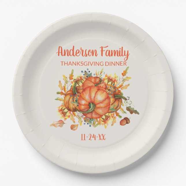 Custom Thanksgiving Orange Pumpkins Fall Leaves   Paper Plates (Front)