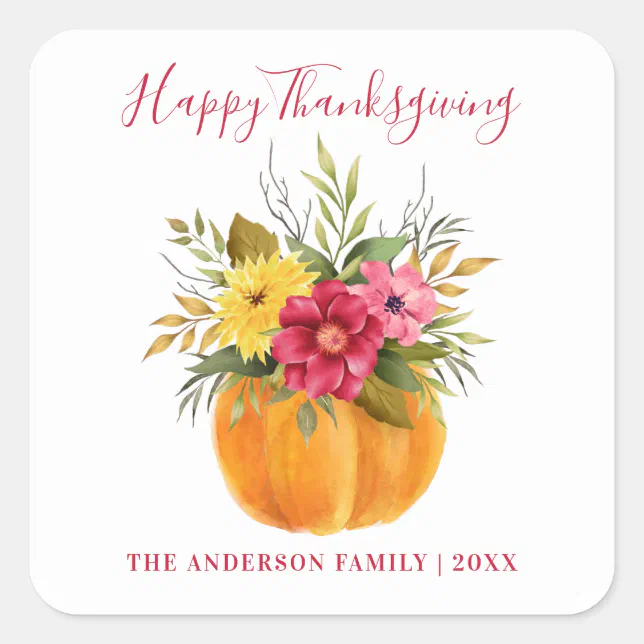 CUSTOM THANKSGIVING WATERCOLOR PUMPKIN FLORAL SQUARE STICKER | Zazzle