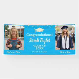 Custom Then and Now 2 Photo Graduation Blue Banner
