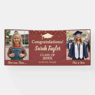 Custom Then and Now 2 Photo Graduation Burgundy Banner