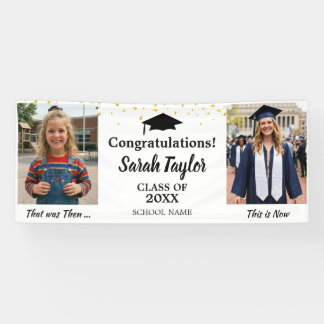 Custom Then and Now 2 Photo Graduation Gold White Banner