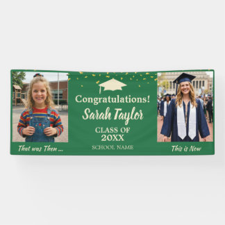 Custom Then and Now 2 Photo Graduation Green Banner