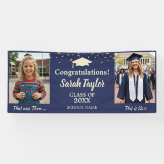 Custom Then and Now 2 Photo Graduation Navy Banner