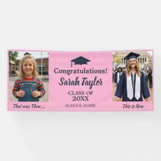 Custom Then and Now 2 Photo Graduation Pink Banner