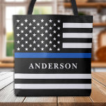 Custom Thin Blue Line Personalized Police Officer  Tote Bag<br><div class="desc">Introducing our new Thin Blue Line Flag Tote Bag, perfect for police officers, police moms, police wives, policewomen, and anyone who wants to show their support for law enforcement. Designed in a modern style, this tote bag features the American flag with a striking Thin Blue Line that represents the courage...</div>