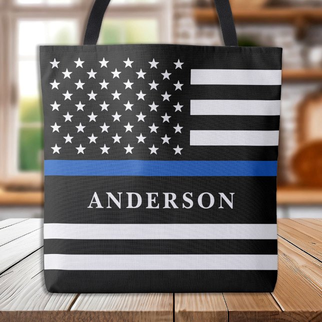 Custom Thin Blue Line Personalized Police Officer  Tote Bag (Creator Uploaded)