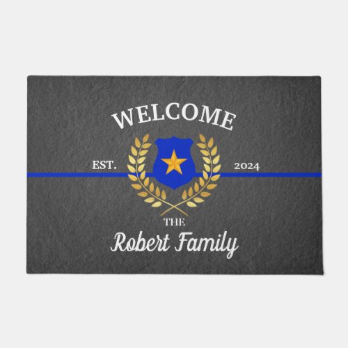 Custom Thin Blue Line Police Badge Welcome Black  Doormat