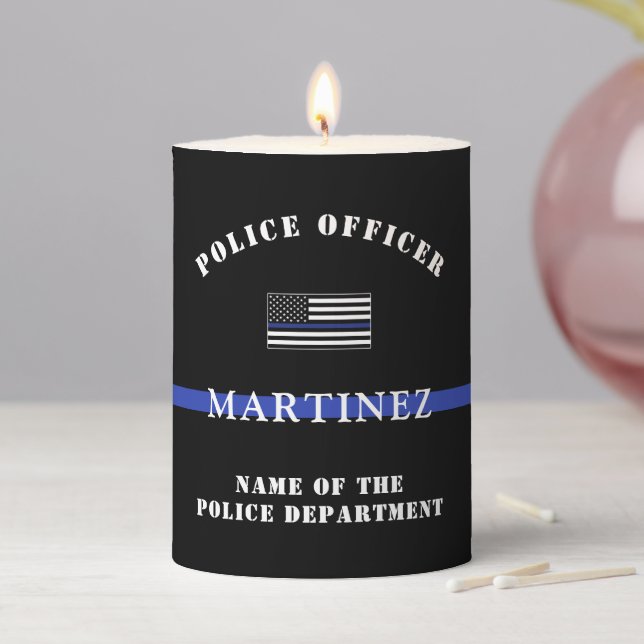 Custom Thin Blue Line Police Officer Appreciation Pillar Candle (In Situ)