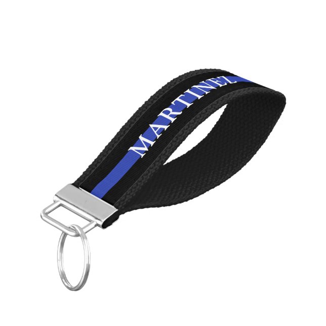 Custom Thin Blue Line Police Officer Appreciation Wrist Keychain (Angled Down)