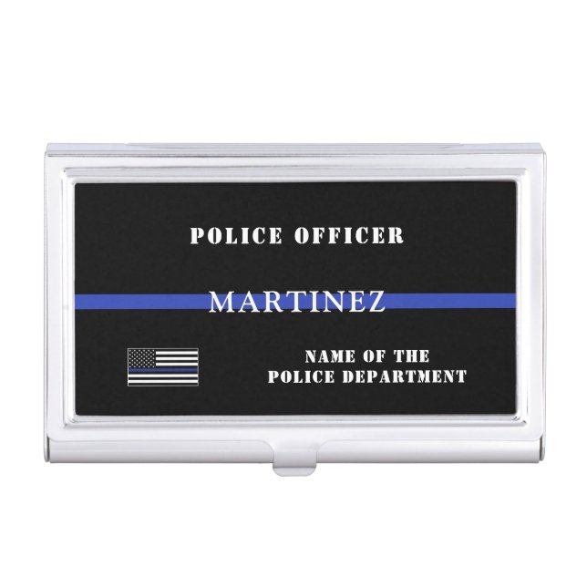 Custom Thin Blue Line Police Officer US Flag Cop Business Card Case (Front)