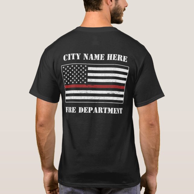 Custom Thin Red Line USA Flag Proud Firefighter T-Shirt (Back)