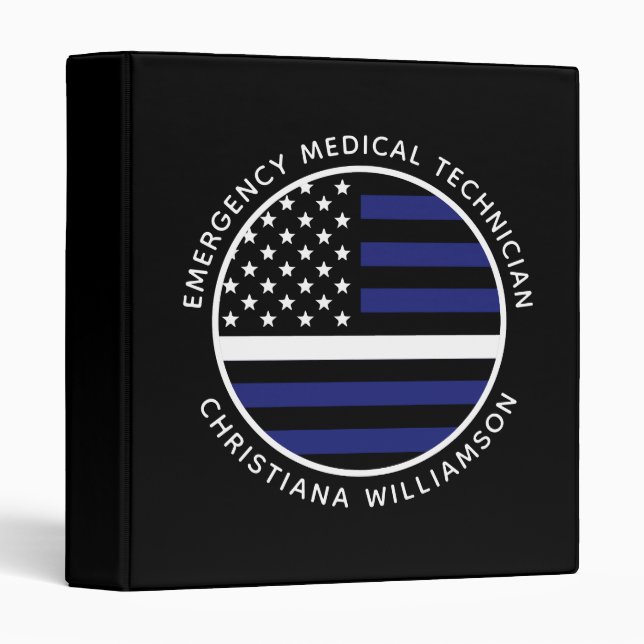 Custom Thin White Line USA Flag EMS EMT  3 Ring Binder (Front/Spine)