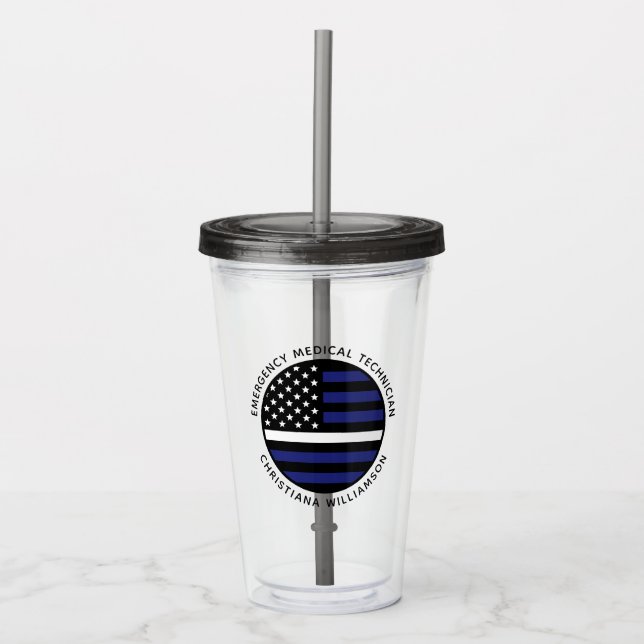 Custom Thin White Line USA Flag EMS EMT  Acrylic Tumbler (Front)