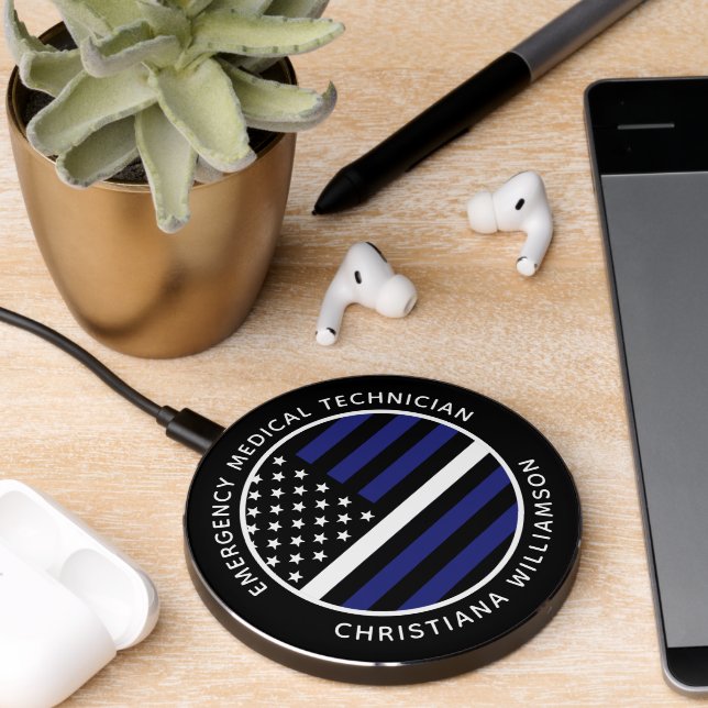 Custom Thin White Line USA Flag EMS EMT  Wireless Charger (Desk 2)