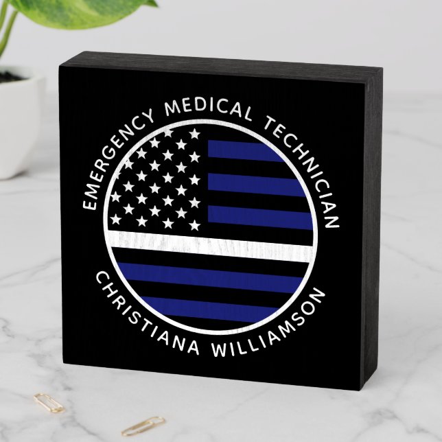 Custom Thin White Line USA Flag EMS EMT  Wooden Box Sign (In Situ Horizontal)