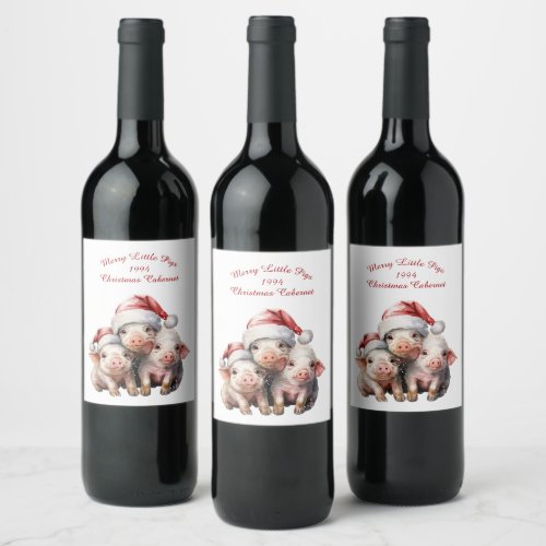 Custom Three Merry Little Pigs Christmas Holiday  Wine Label
