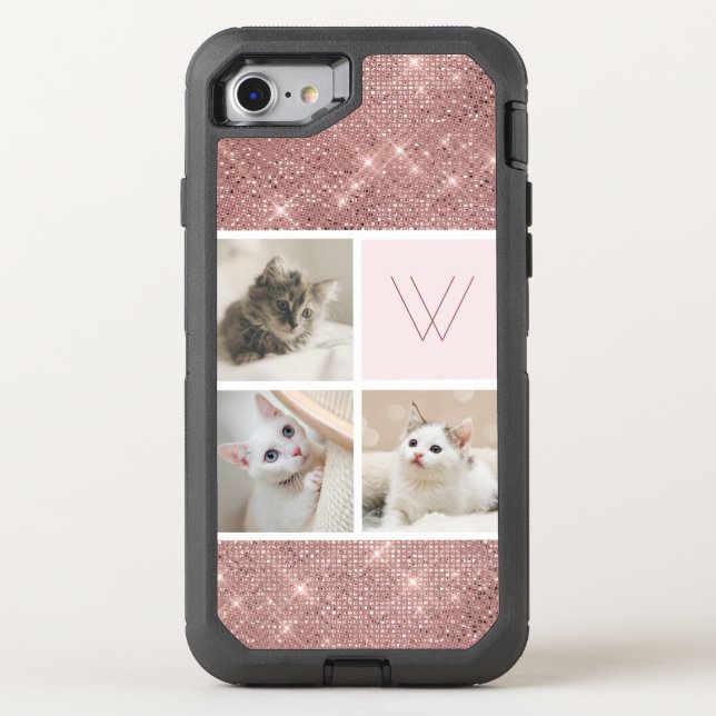 Custom Three Photo Monogram Rose Gold Faux Gliggdf Otterbox iPhone Case (Back)