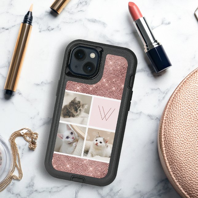 Custom Three Photo Monogram Rose Gold Faux Glitter Otterbox iPhone Case (Creator Uploaded)