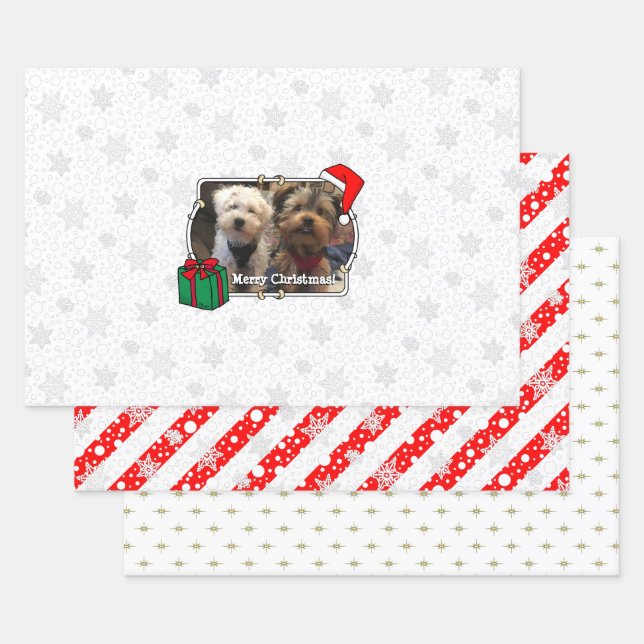 Custom Three Photo Pet Christmas Santa Hat Wrapping Paper Sheets (Set)