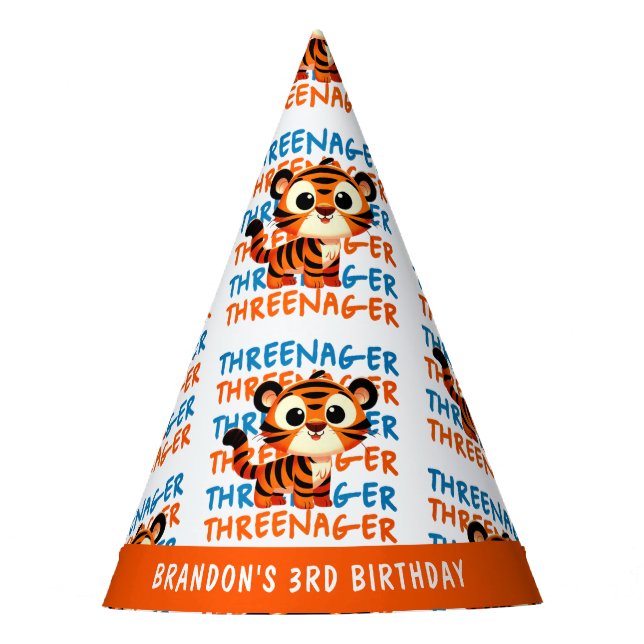Custom Threenager Tiger Boy 3rd Birthday Party Hat (Front)
