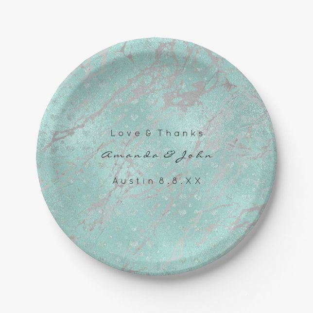 Custom Tiffany Gray Hearts Silver Marble VIP Paper Plates (Front)